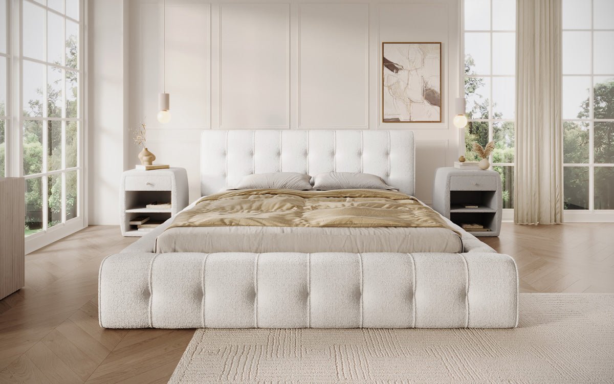 Designer Polsterbett Lena Bouclé mit Bettkasten und Stauraum – Modernes Schlafzimmer Komfort