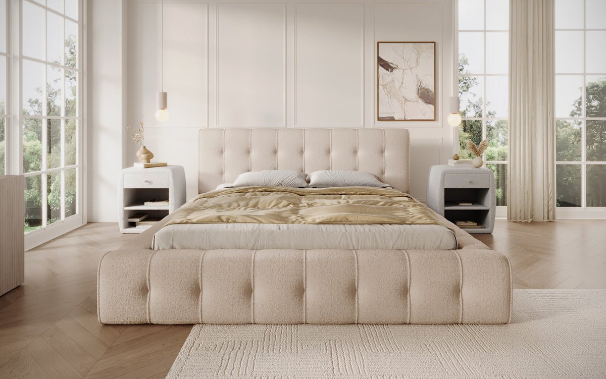Designer Polsterbett Lena Bouclé mit Bettkasten und Stauraum – Modernes Schlafzimmer Komfort