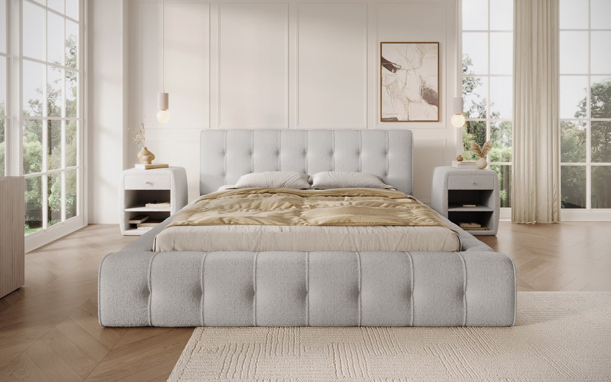 Designer Polsterbett Lena Bouclé mit Bettkasten und Stauraum – Modernes Schlafzimmer Komfort
