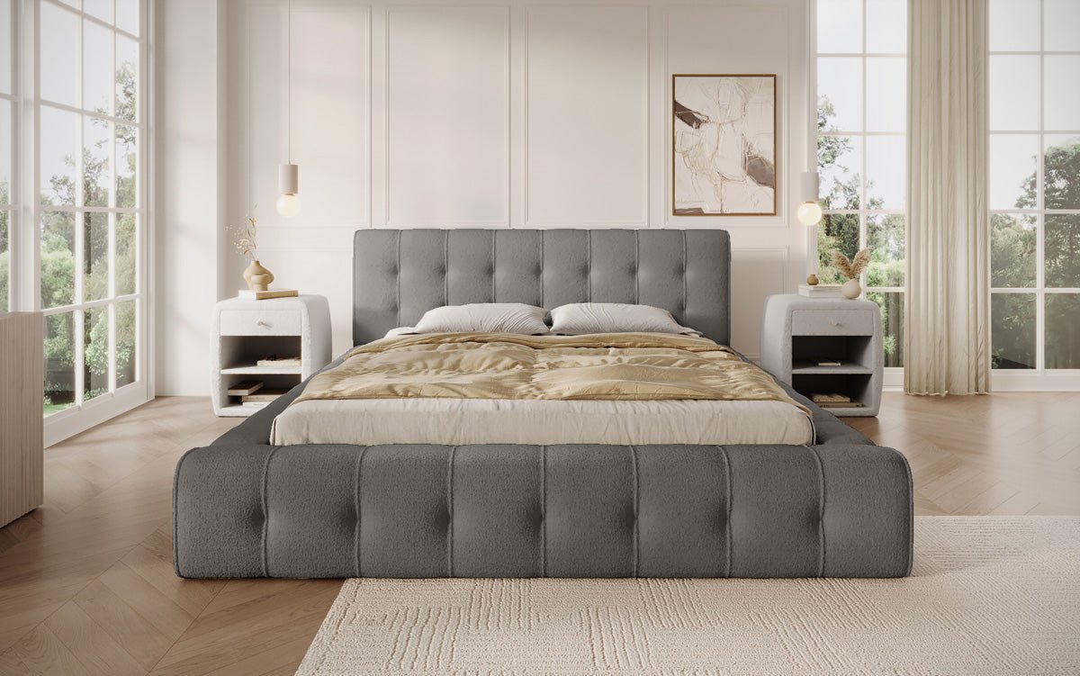 Designer Polsterbett Lena Bouclé mit Bettkasten und Stauraum – Modernes Schlafzimmer Komfort