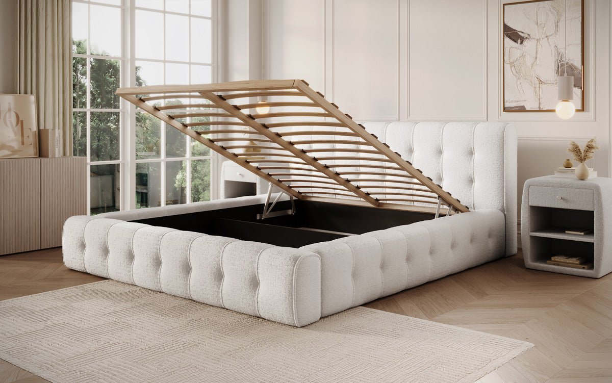 Designer Polsterbett Lena Bouclé mit Bettkasten und Stauraum – Modernes Schlafzimmer Komfort