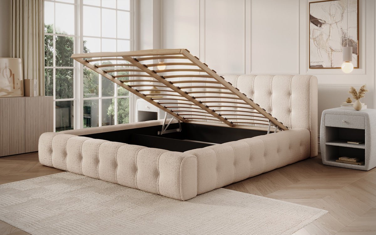 Designer Polsterbett Lena Bouclé mit Bettkasten und Stauraum – Modernes Schlafzimmer Komfort