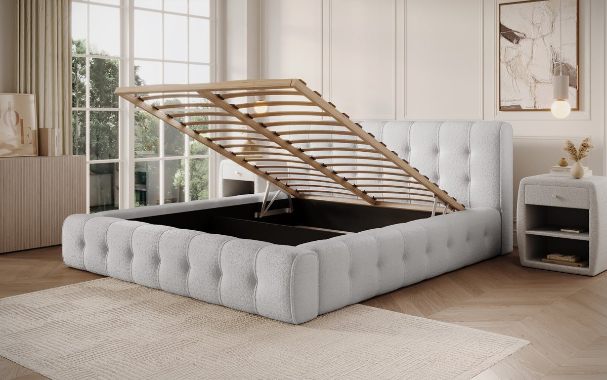 Designer Polsterbett Lena Bouclé mit Bettkasten und Stauraum – Modernes Schlafzimmer Komfort