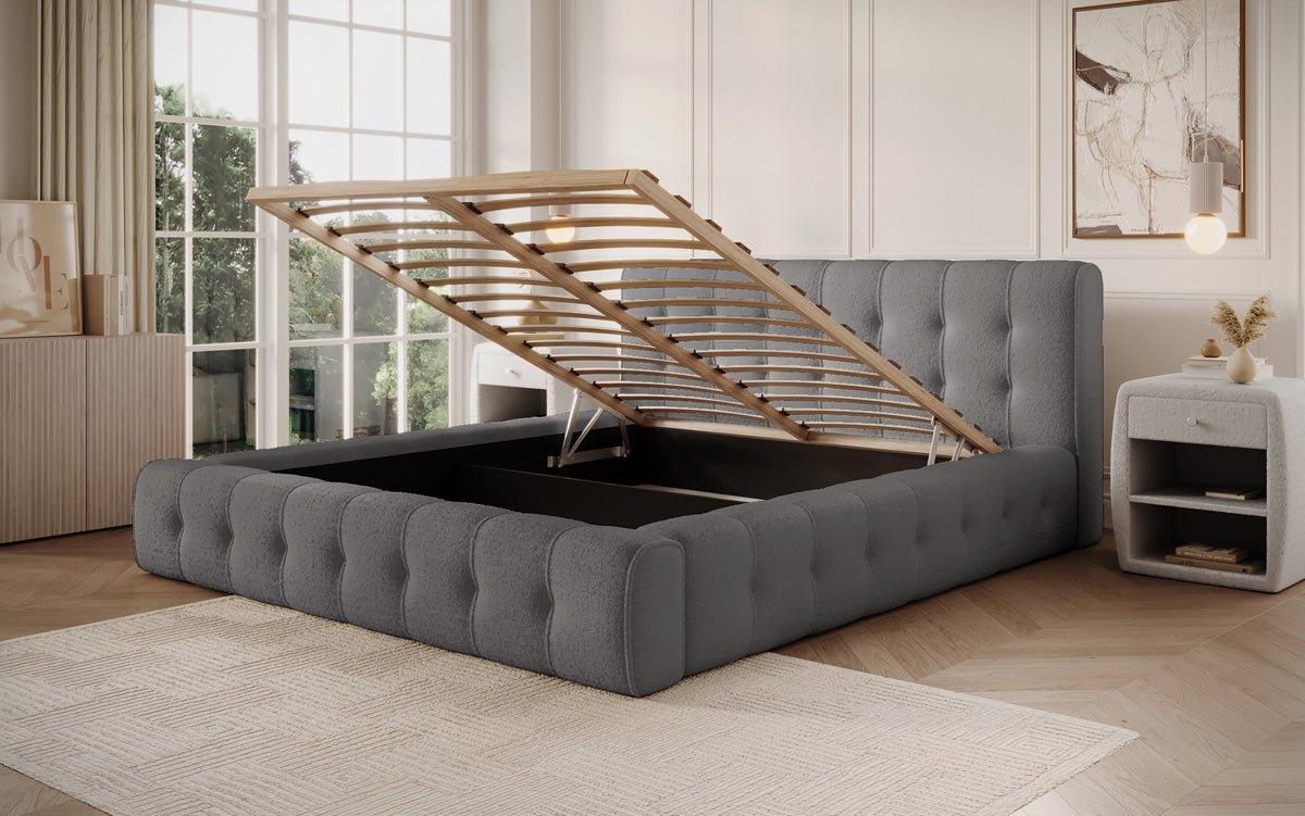 Designer Polsterbett Lena Bouclé mit Bettkasten und Stauraum – Modernes Schlafzimmer Komfort