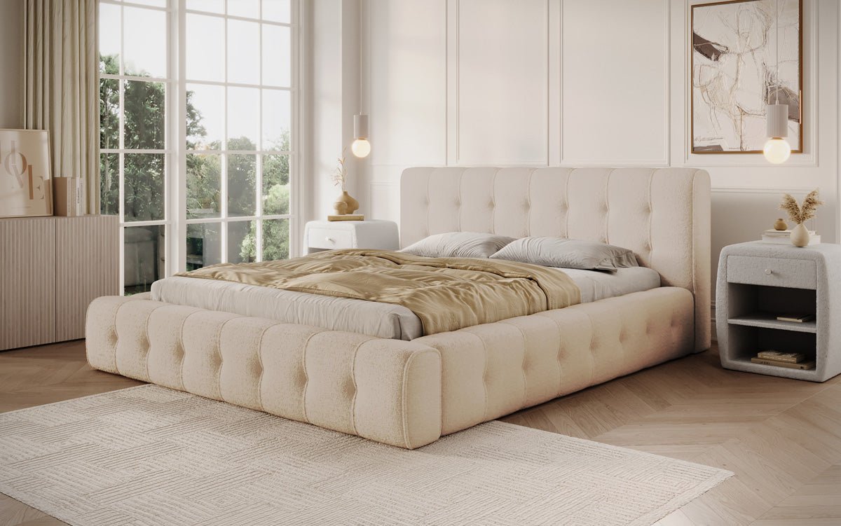 Designer Polsterbett Lena Bouclé mit Bettkasten und Stauraum – Modernes Schlafzimmer Komfort