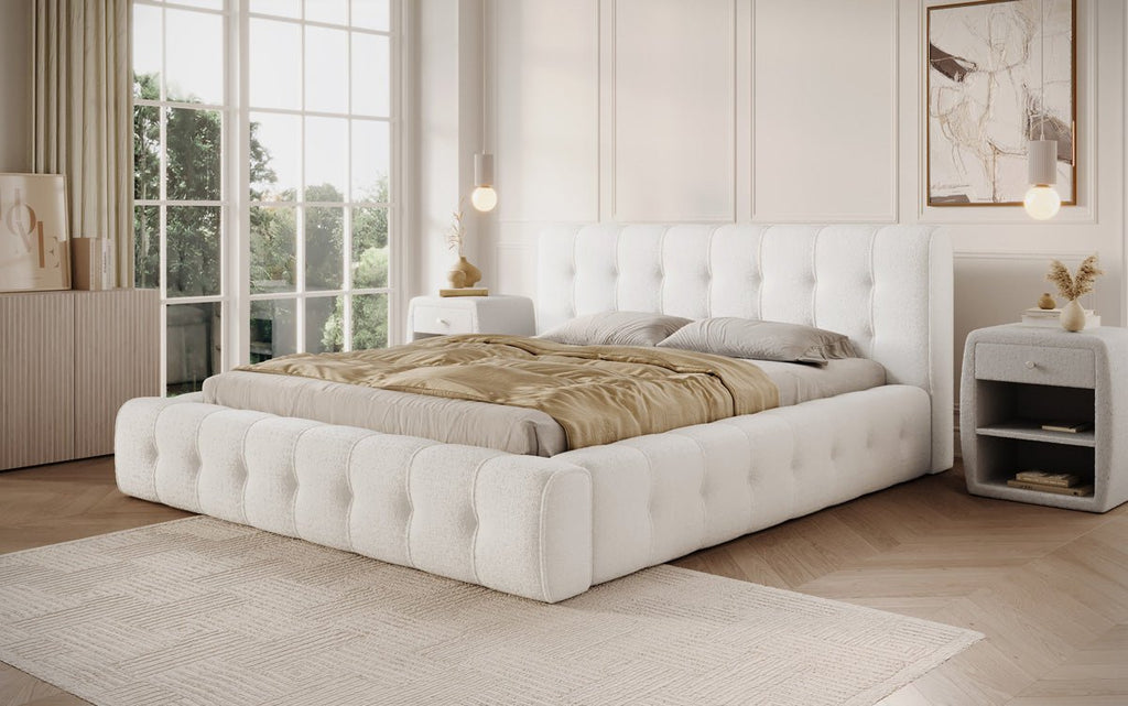 Designer Polsterbett Lena Bouclé mit Bettkasten und Stauraum – Modernes Schlafzimmer Komfort