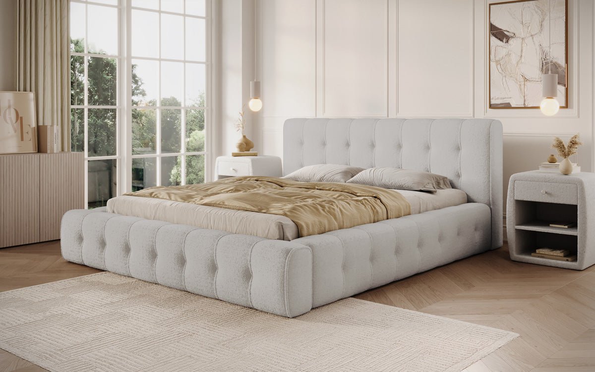 Designer Polsterbett Lena Bouclé mit Bettkasten und Stauraum – Modernes Schlafzimmer Komfort