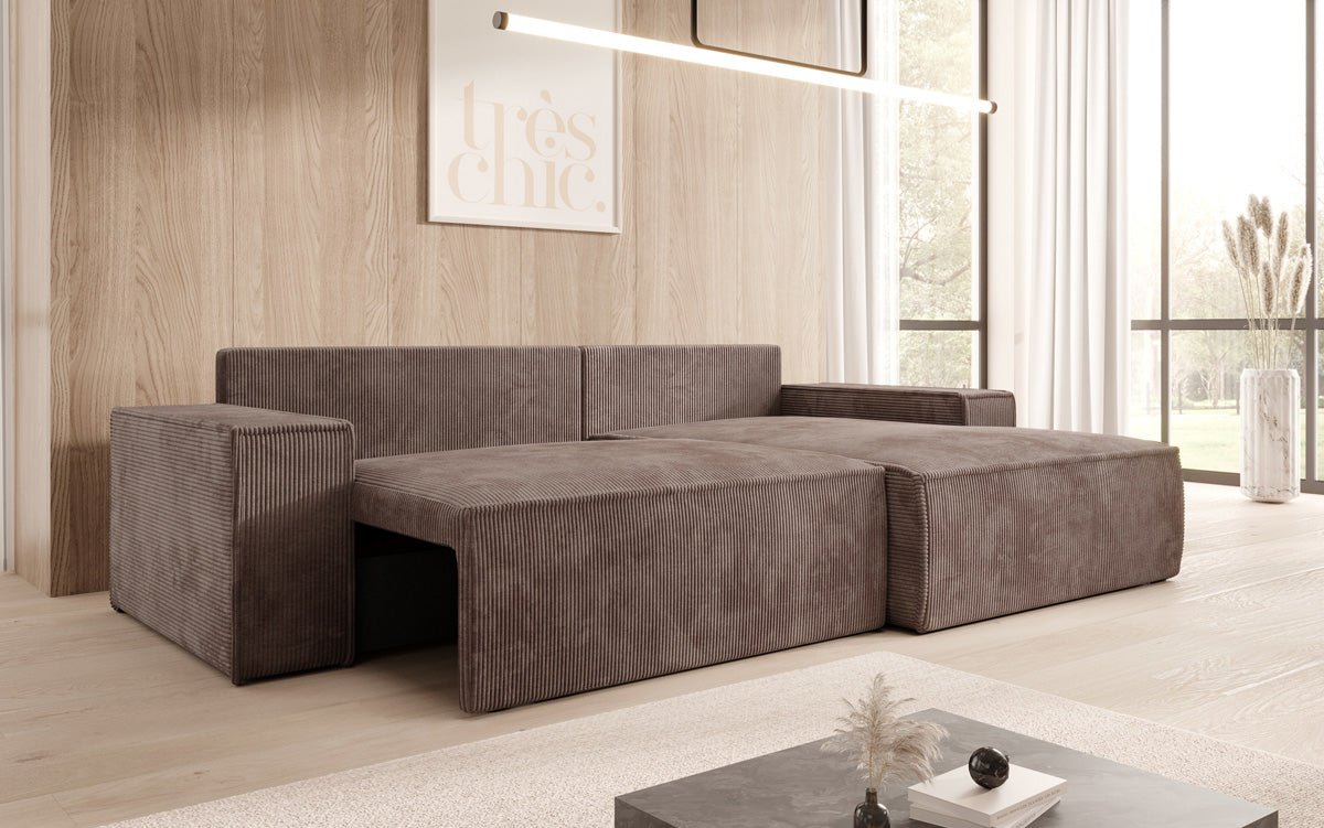 Corino Designer Ecksofa aus Cordstoff mit Schlaffunktion und Klappfunktion