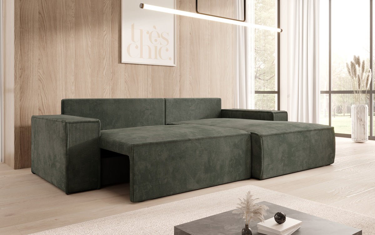 Corino Designer Ecksofa aus Cordstoff mit Schlaffunktion und Klappfunktion
