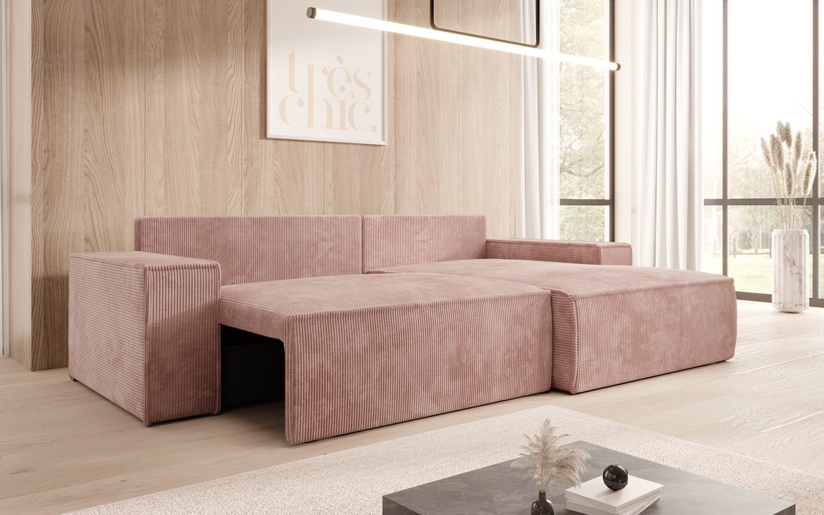 Corino Designer Ecksofa aus Cordstoff mit Schlaffunktion und Klappfunktion