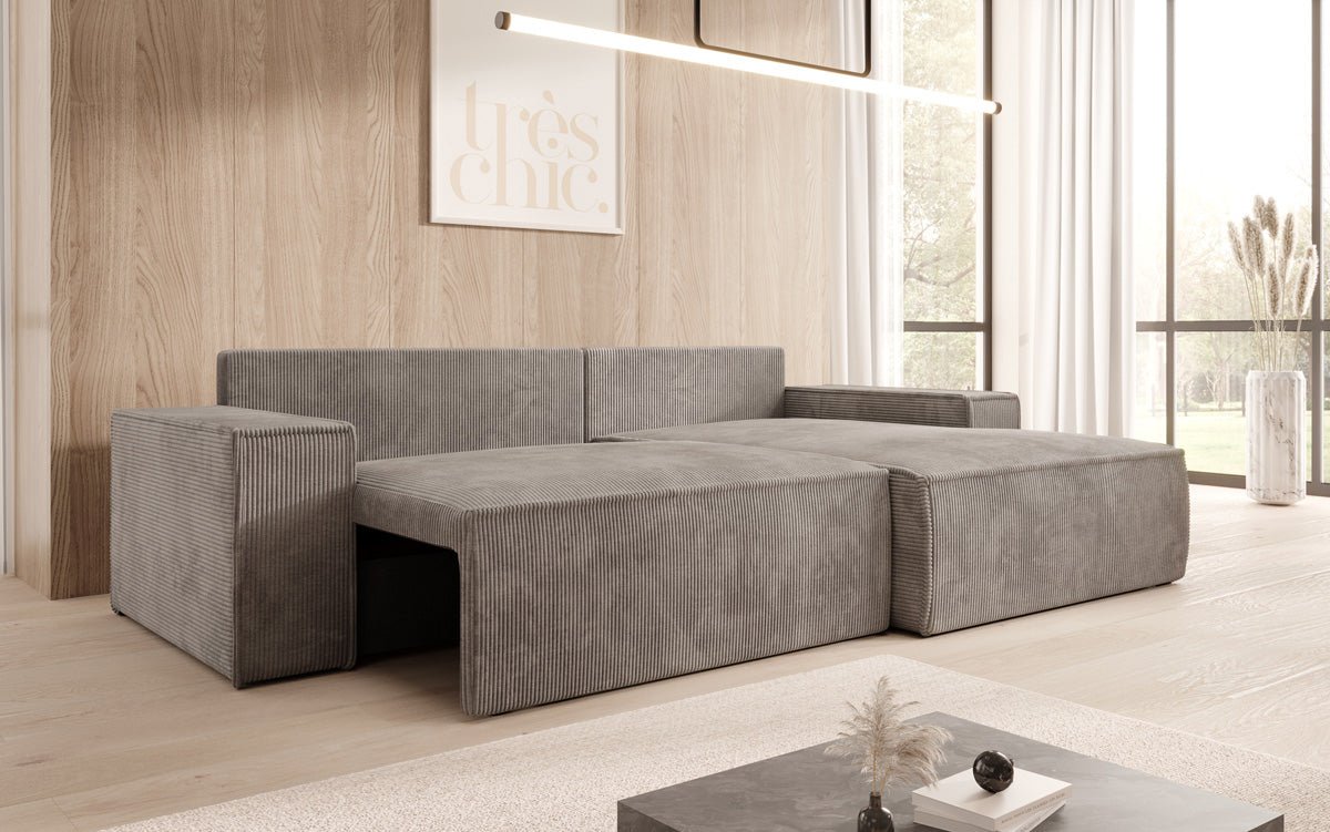 Corino Designer Ecksofa aus Cordstoff mit Schlaffunktion und Klappfunktion