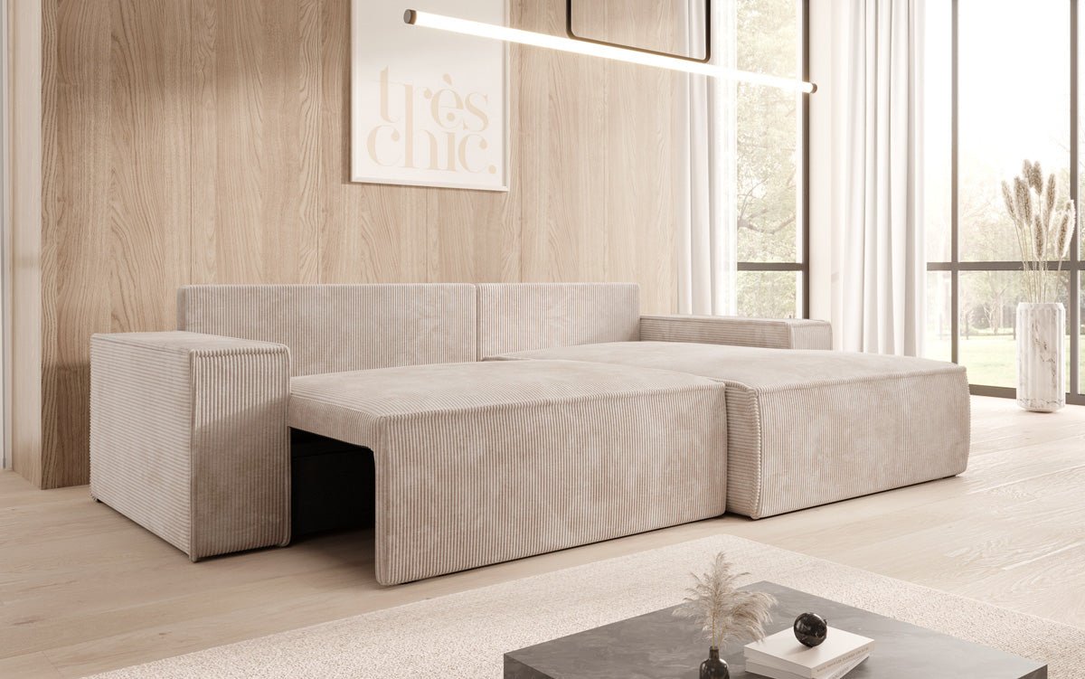 Corino Designer Ecksofa aus Cordstoff mit Schlaffunktion und Klappfunktion