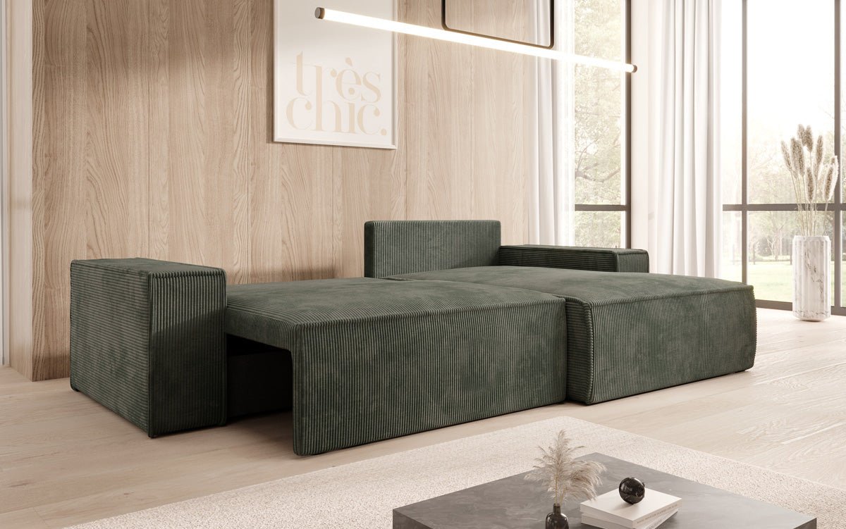 Corino Designer Ecksofa aus Cordstoff mit Schlaffunktion und Klappfunktion