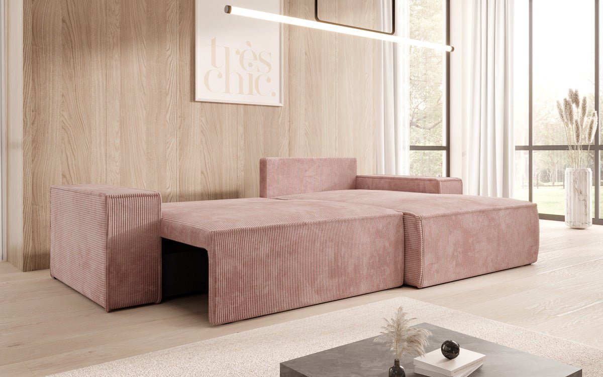 Corino Designer Ecksofa aus Cordstoff mit Schlaffunktion und Klappfunktion