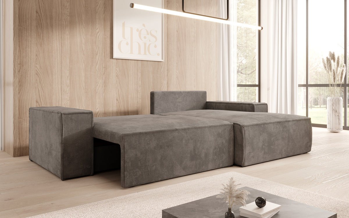 Corino Designer Ecksofa aus Cordstoff mit Schlaffunktion und Klappfunktion
