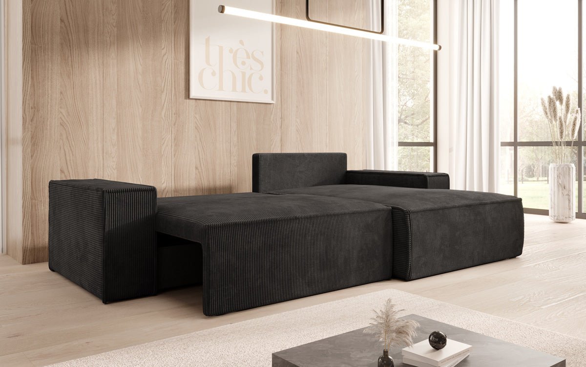 Corino Designer Ecksofa aus Cordstoff mit Schlaffunktion und Klappfunktion