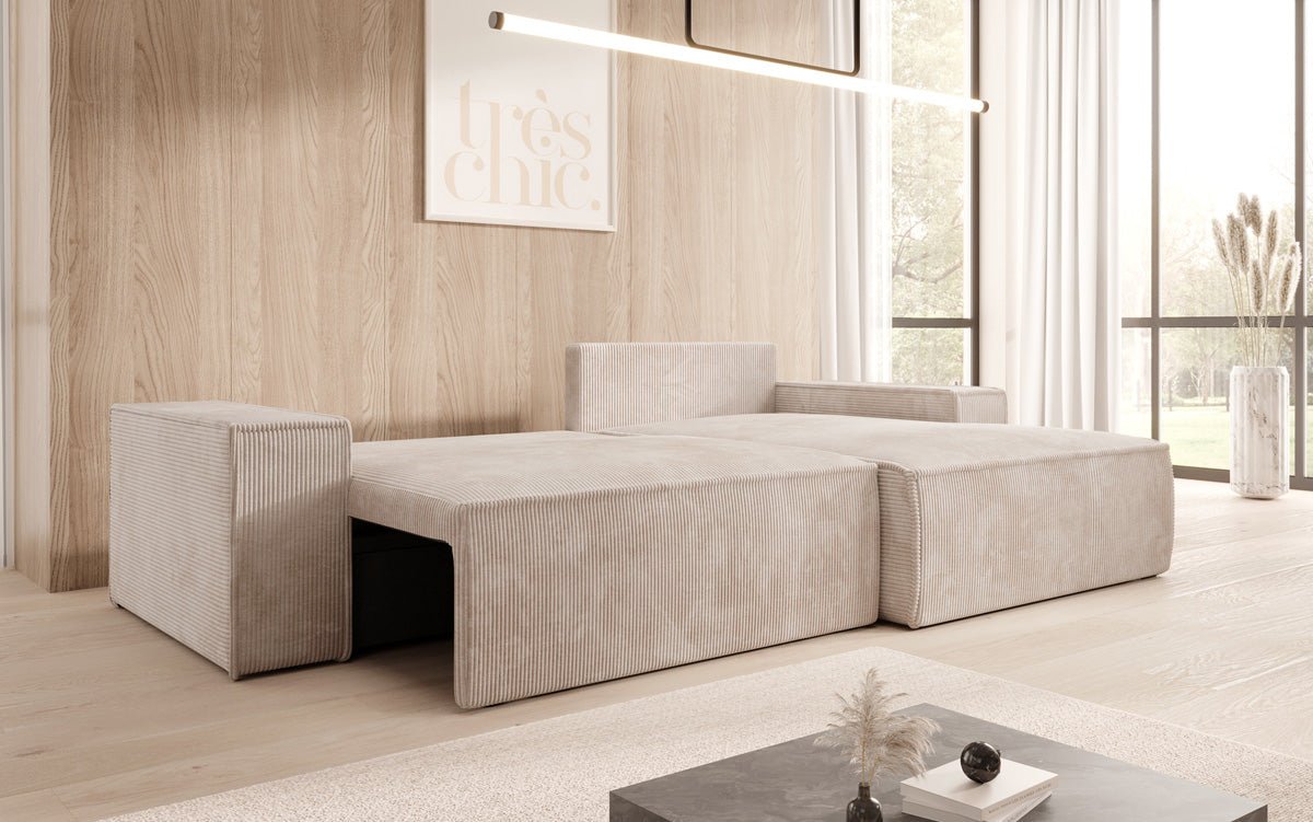 Corino Designer Ecksofa aus Cordstoff mit Schlaffunktion und Klappfunktion