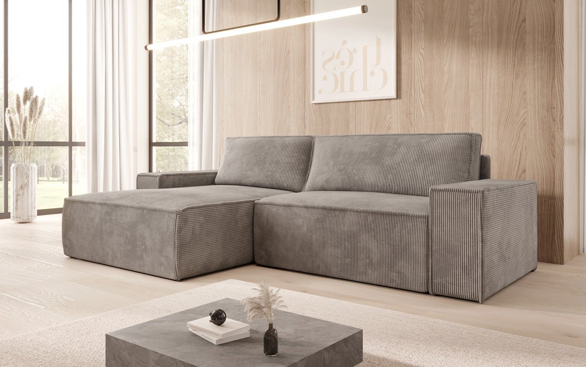 Corino Designer Ecksofa aus Cordstoff mit Schlaffunktion und Klappfunktion
