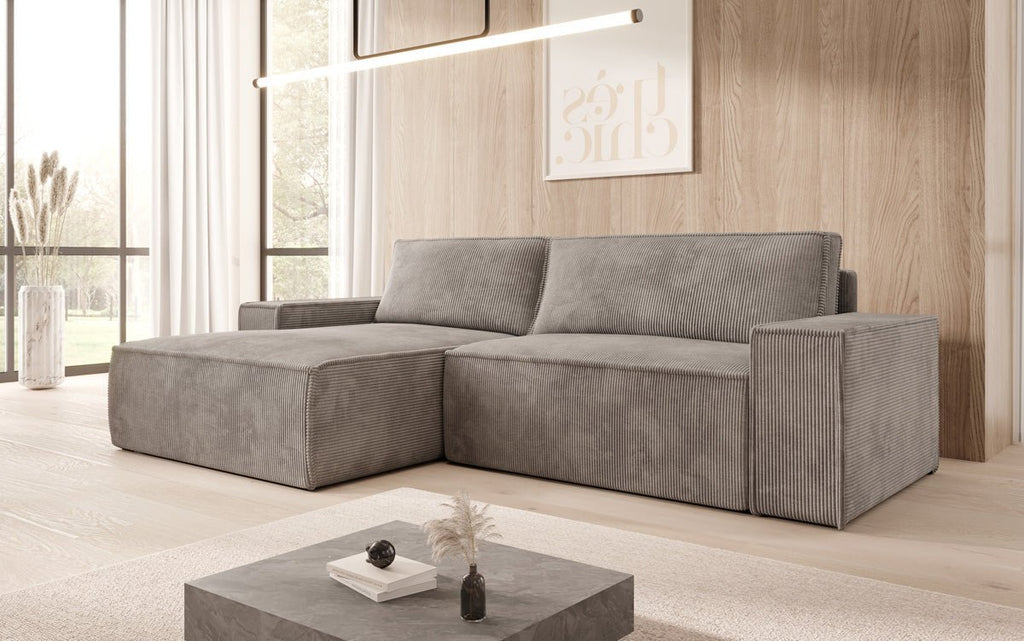 Corino Designer Ecksofa aus Cordstoff mit Schlaffunktion und Klappfunktion