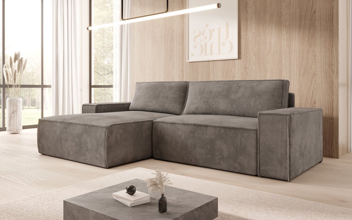 Corino Designer Ecksofa aus Cordstoff mit Schlaffunktion und Klappfunktion