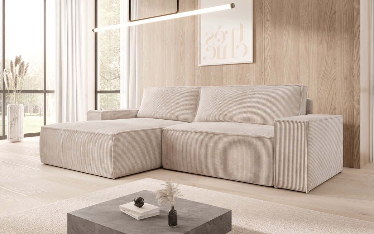 Corino Designer Ecksofa aus Cordstoff mit Schlaffunktion und Klappfunktion