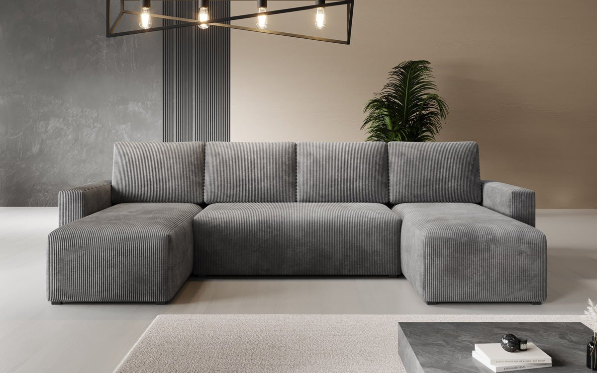 Luxuriöses Designer U-Sofa Melva mit Schlaffunktion, Cord Bezug & Stauraum