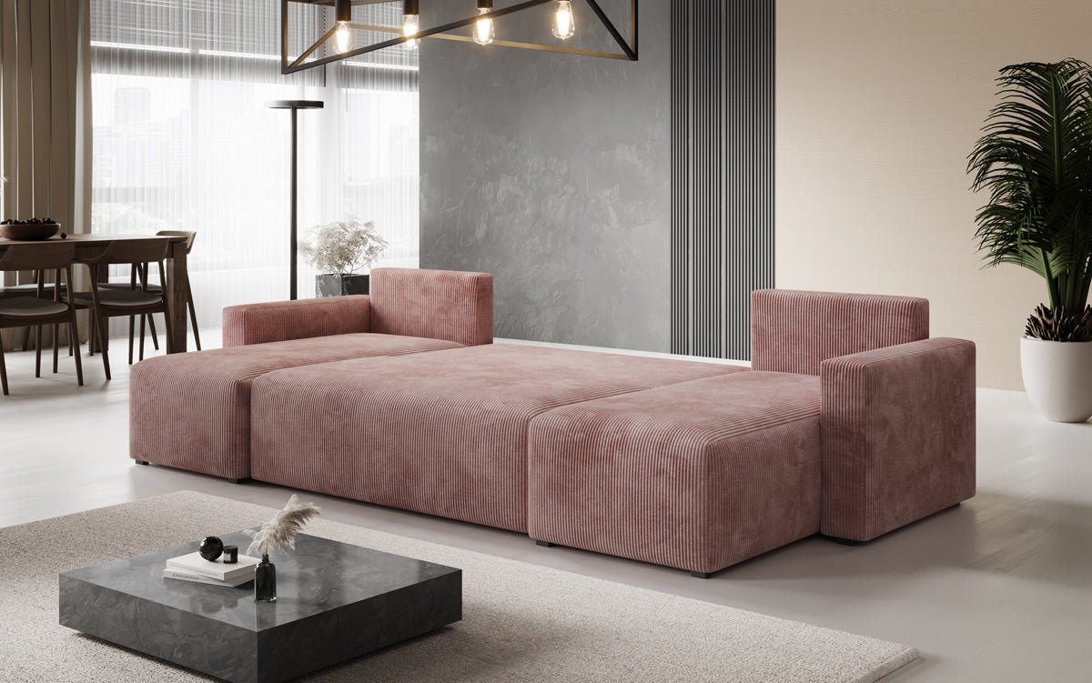 Luxuriöses Designer U-Sofa Melva mit Schlaffunktion, Cord Bezug & Stauraum