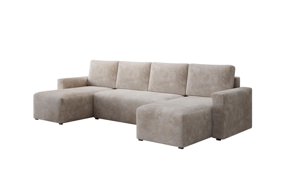 Luxuriöses Designer U-Sofa Melva mit Schlaffunktion, Cord Bezug & Stauraum