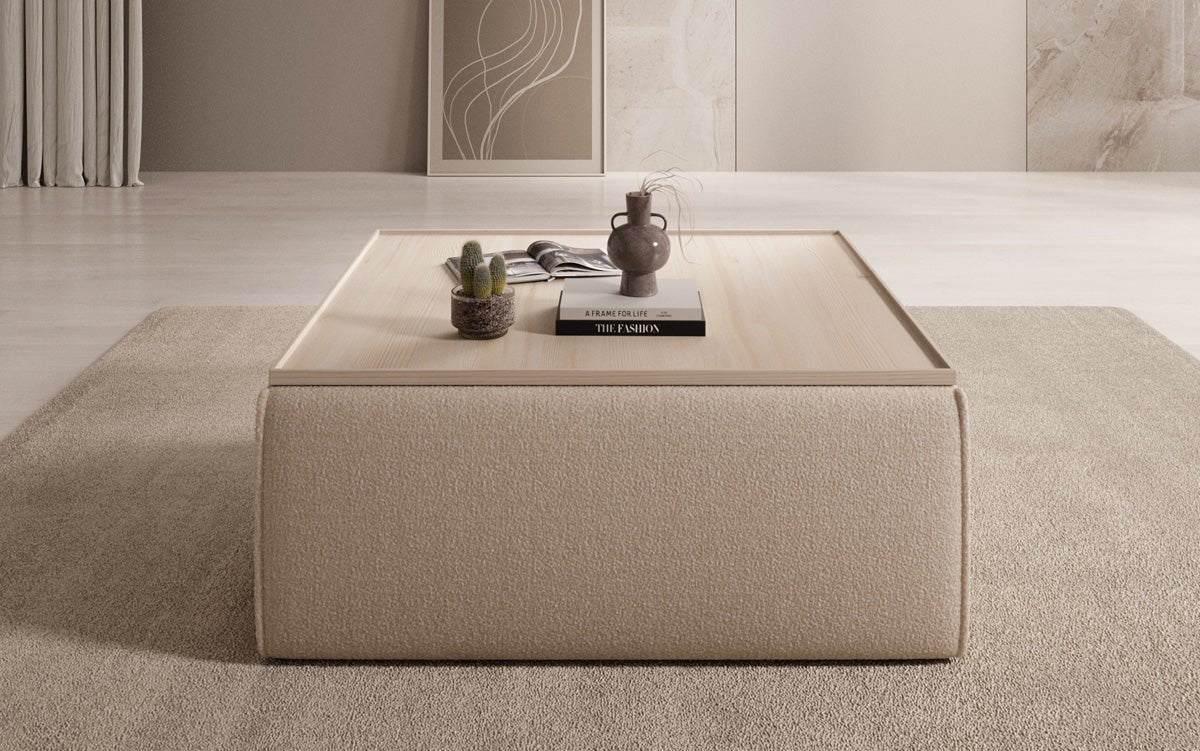 Lesley Bouclé Multifunktions-Hocker: Eleganter Couchtisch mit Verstecktem Stauraum