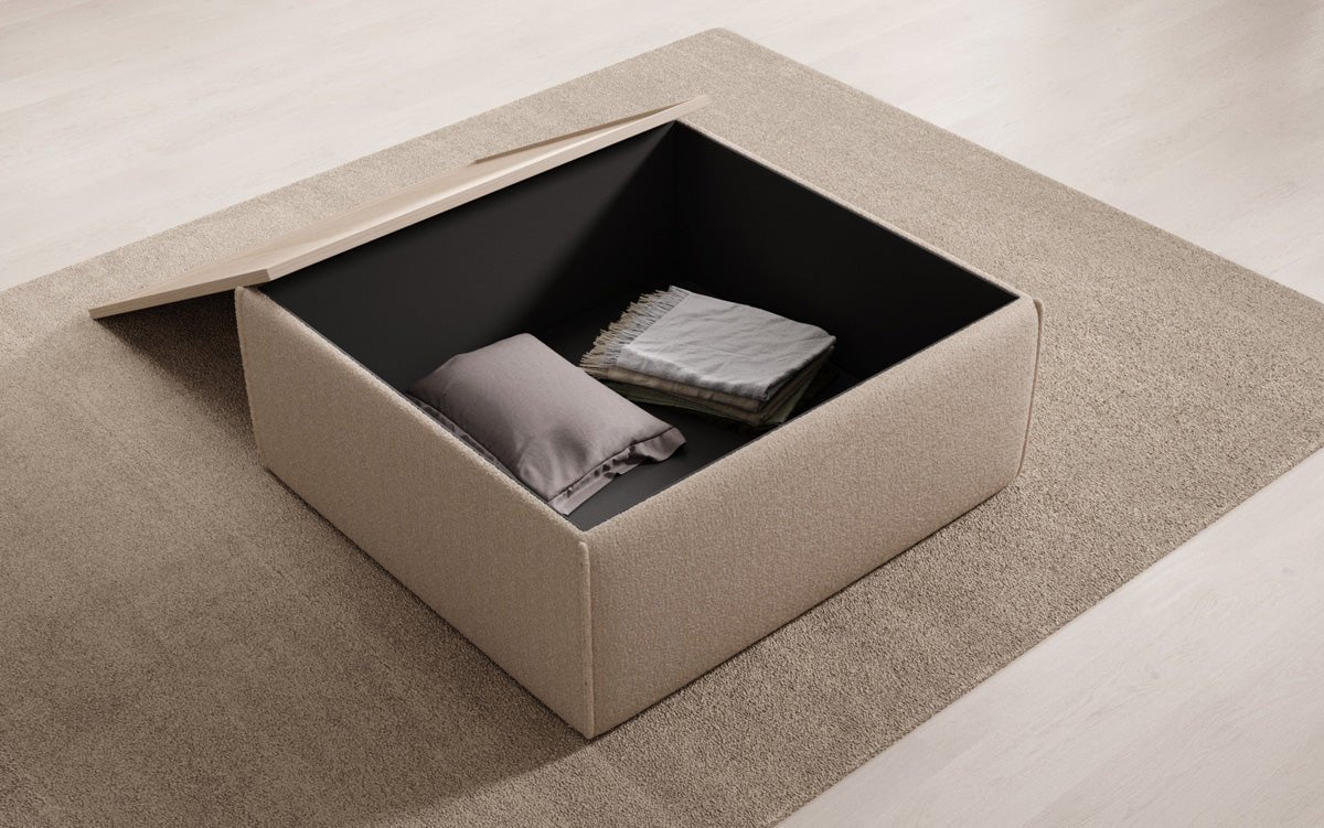 Lesley Bouclé Multifunktions-Hocker: Eleganter Couchtisch mit Verstecktem Stauraum