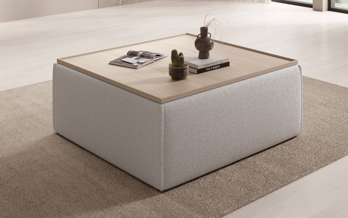 Lesley Bouclé Multifunktions-Hocker: Eleganter Couchtisch mit Verstecktem Stauraum