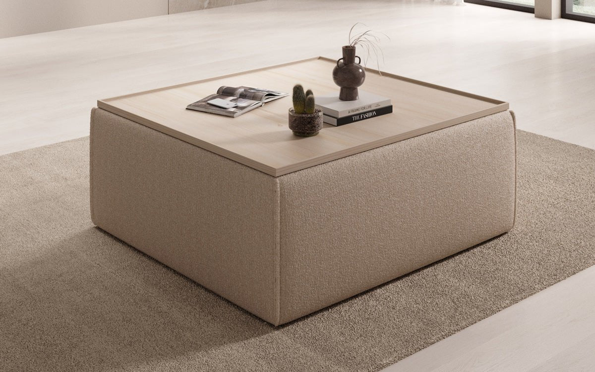 Lesley Bouclé Multifunktions-Hocker: Eleganter Couchtisch mit Verstecktem Stauraum