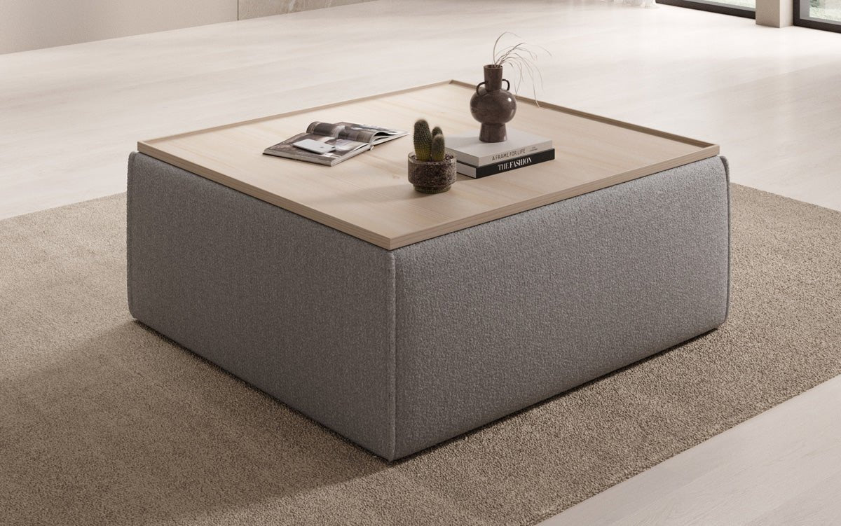 Lesley Bouclé Multifunktions-Hocker: Eleganter Couchtisch mit Verstecktem Stauraum