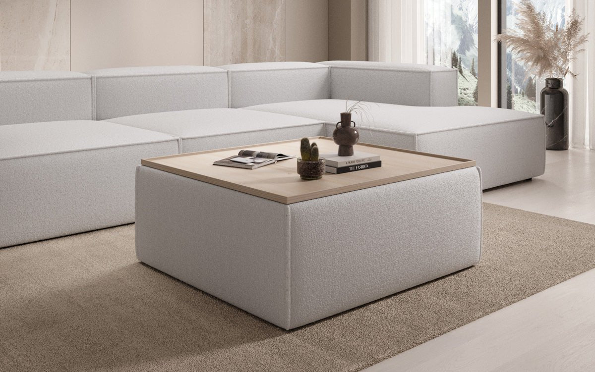 Lesley Bouclé Multifunktions-Hocker: Eleganter Couchtisch mit Verstecktem Stauraum