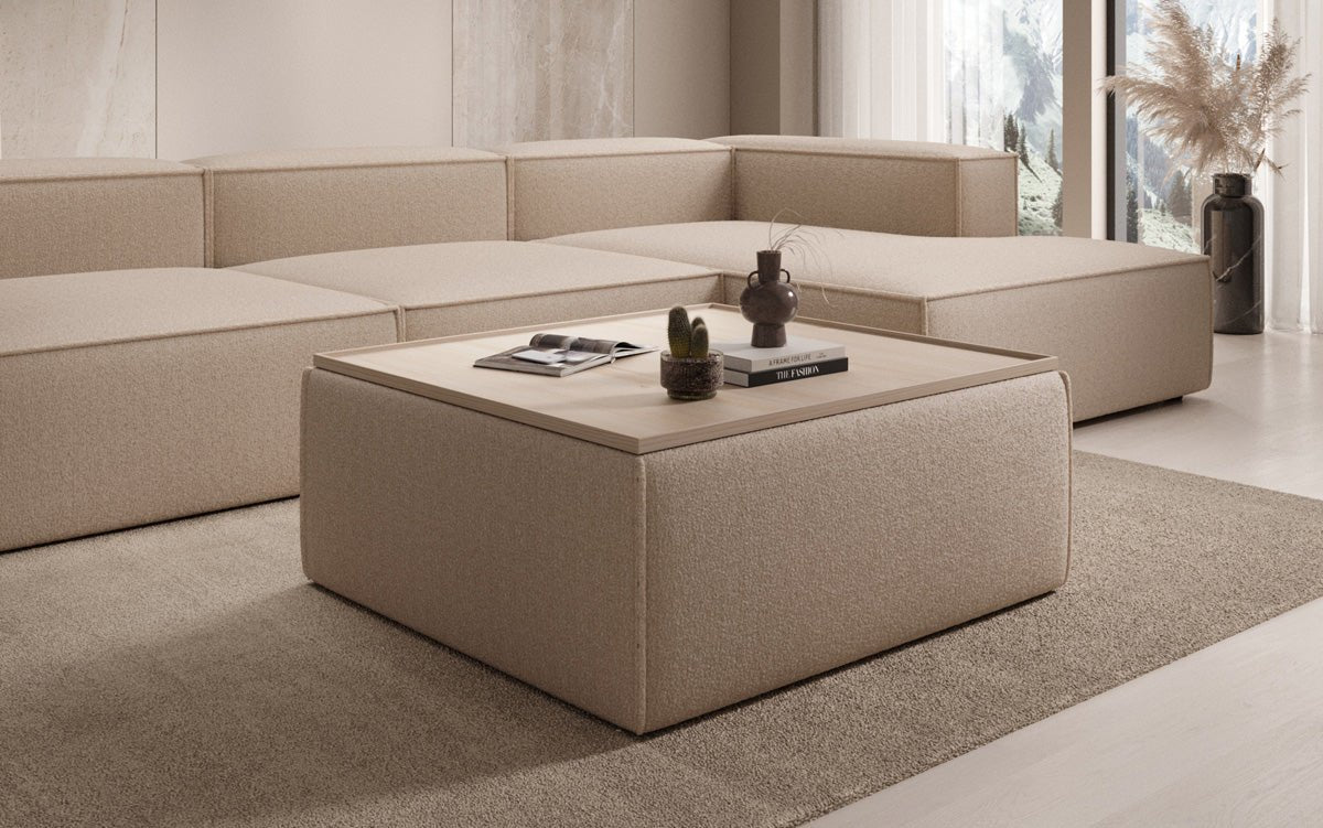 Lesley Bouclé Multifunktions-Hocker: Eleganter Couchtisch mit Verstecktem Stauraum