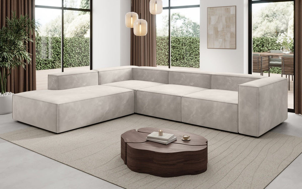 Luxuriöses L-Form Samt-Sofa Lesley mit langer Ottomane, modernes Design