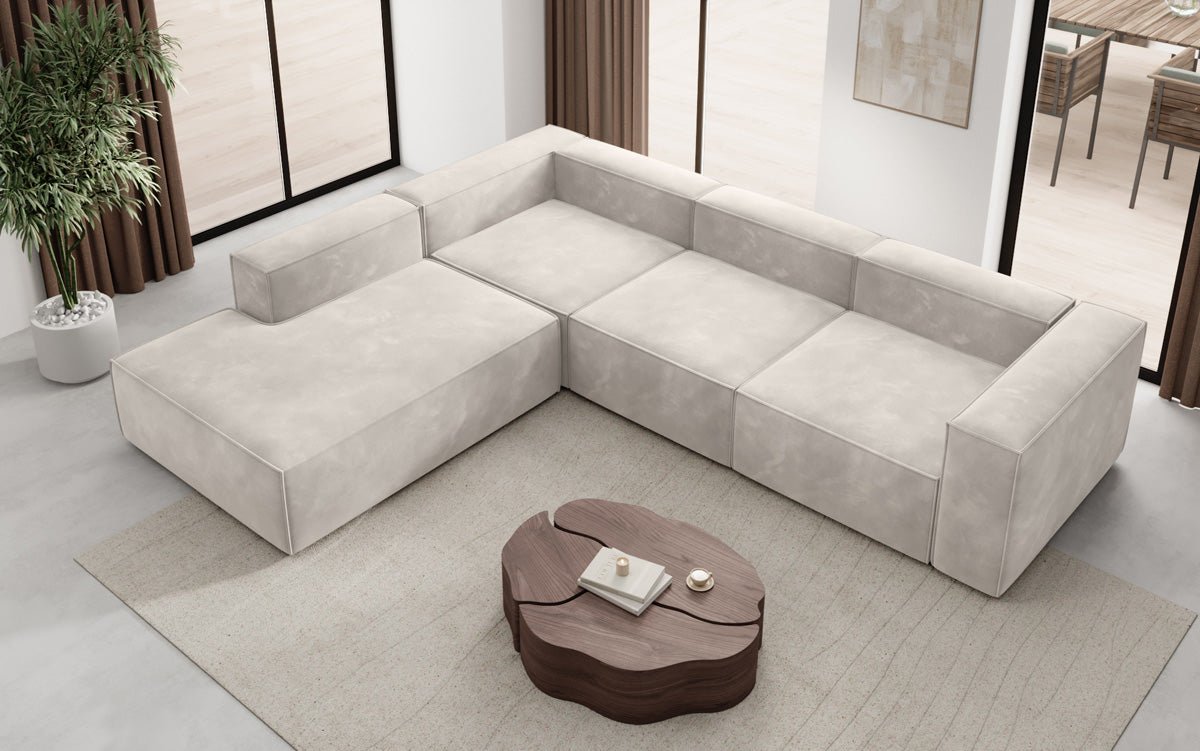 Luxuriöses L-Form Samt-Sofa Lesley mit langer Ottomane, modernes Design