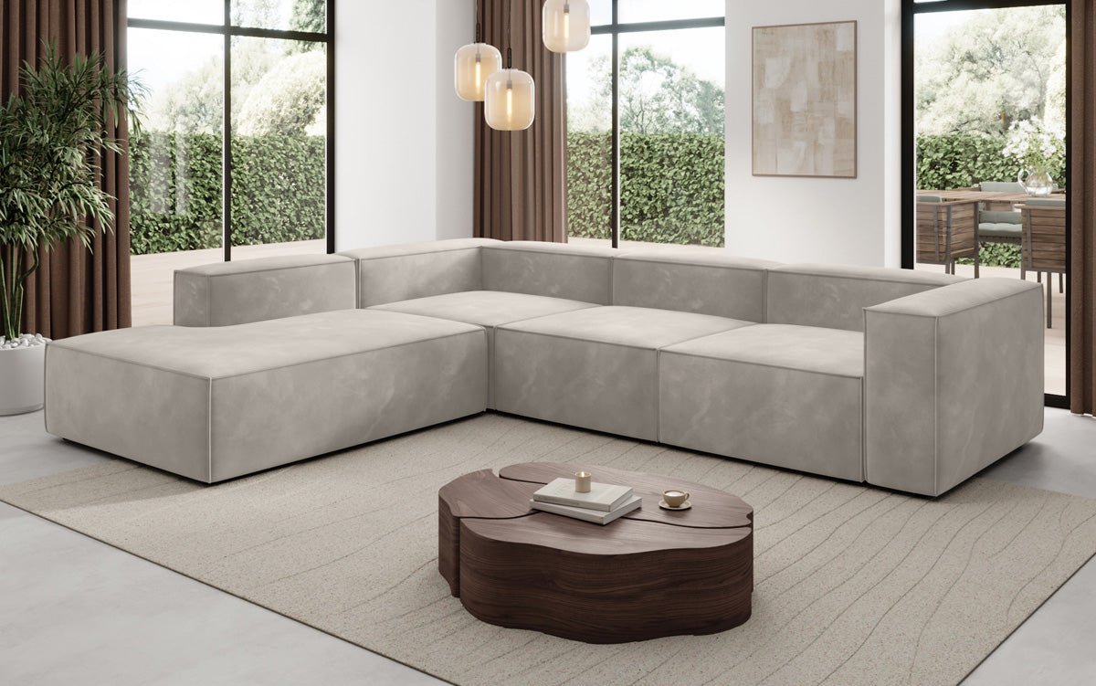 Luxuriöses L-Form Samt-Sofa Lesley mit langer Ottomane, modernes Design