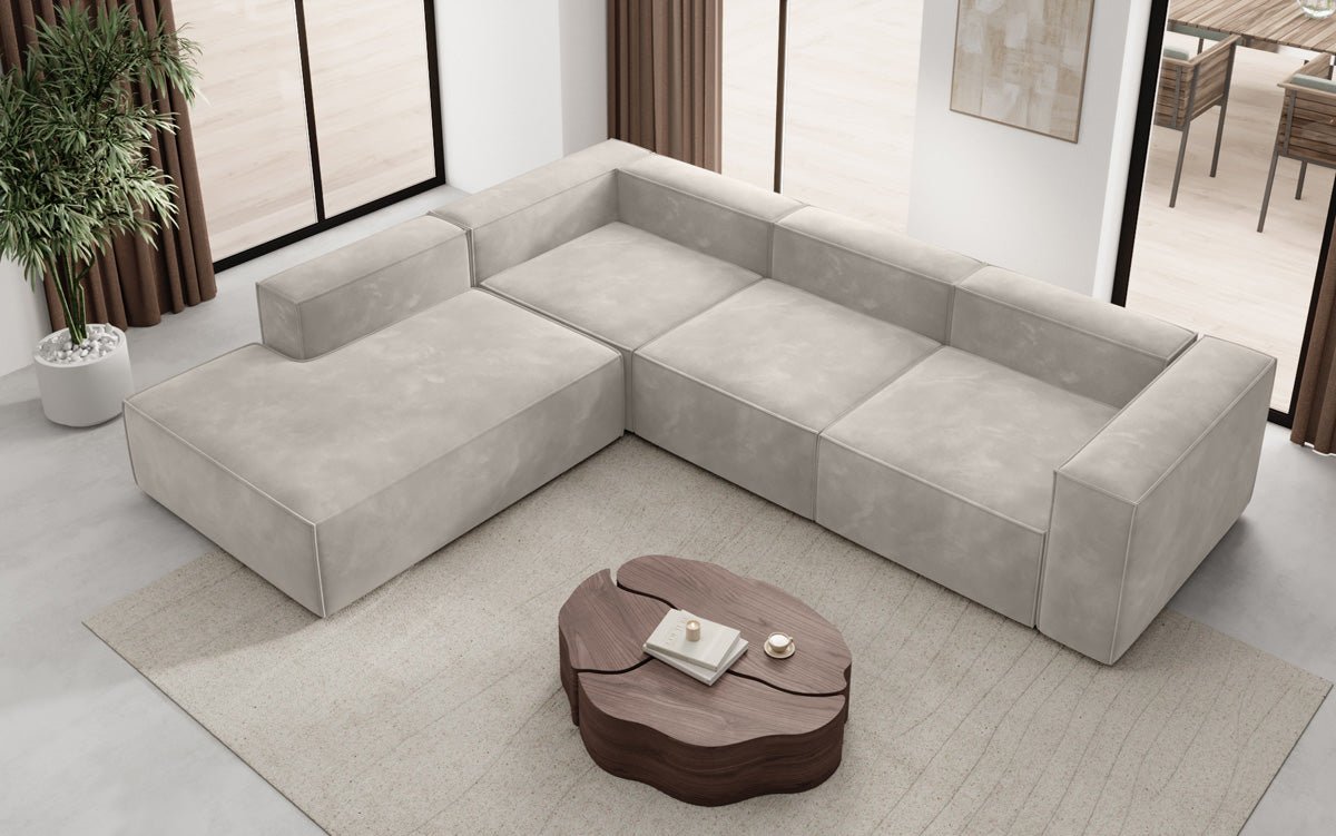 Luxuriöses L-Form Samt-Sofa Lesley mit langer Ottomane, modernes Design