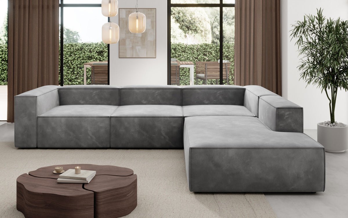 Luxuriöses L-Form Samt-Sofa Lesley mit langer Ottomane, modernes Design