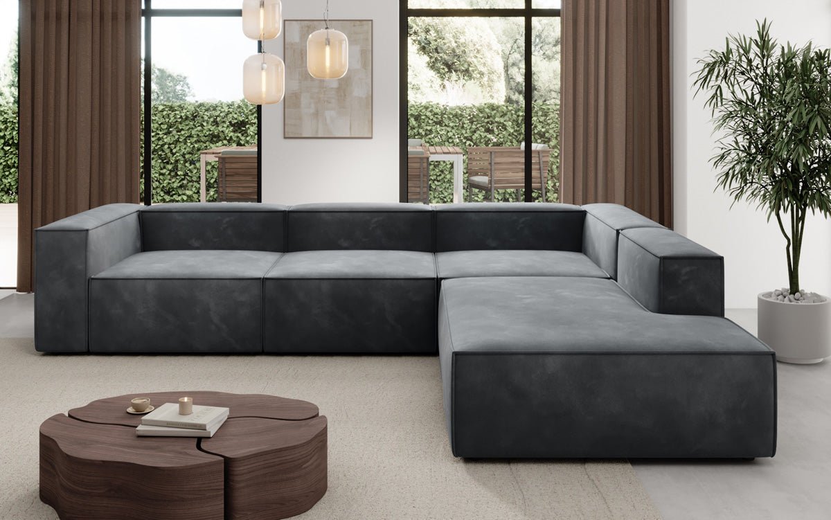 Luxuriöses L-Form Samt-Sofa Lesley mit langer Ottomane, modernes Design