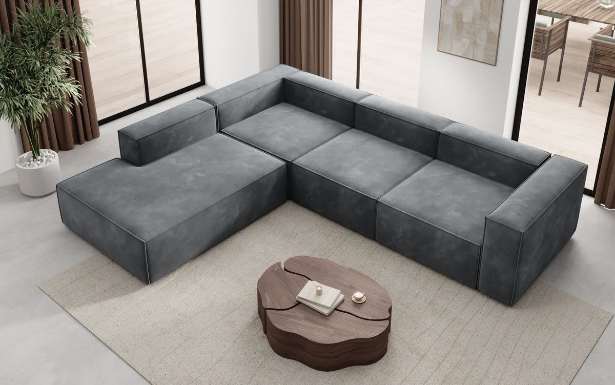 Luxuriöses L-Form Samt-Sofa Lesley mit langer Ottomane, modernes Design