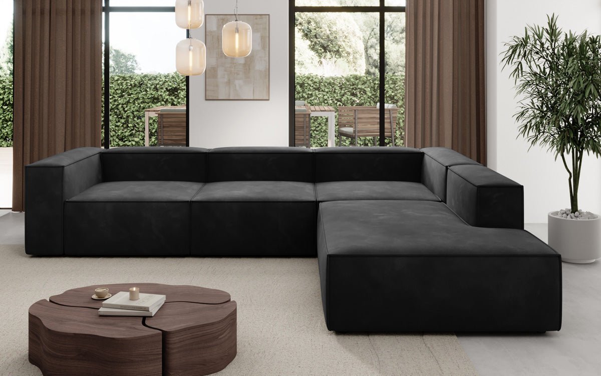 Luxuriöses L-Form Samt-Sofa Lesley mit langer Ottomane, modernes Design