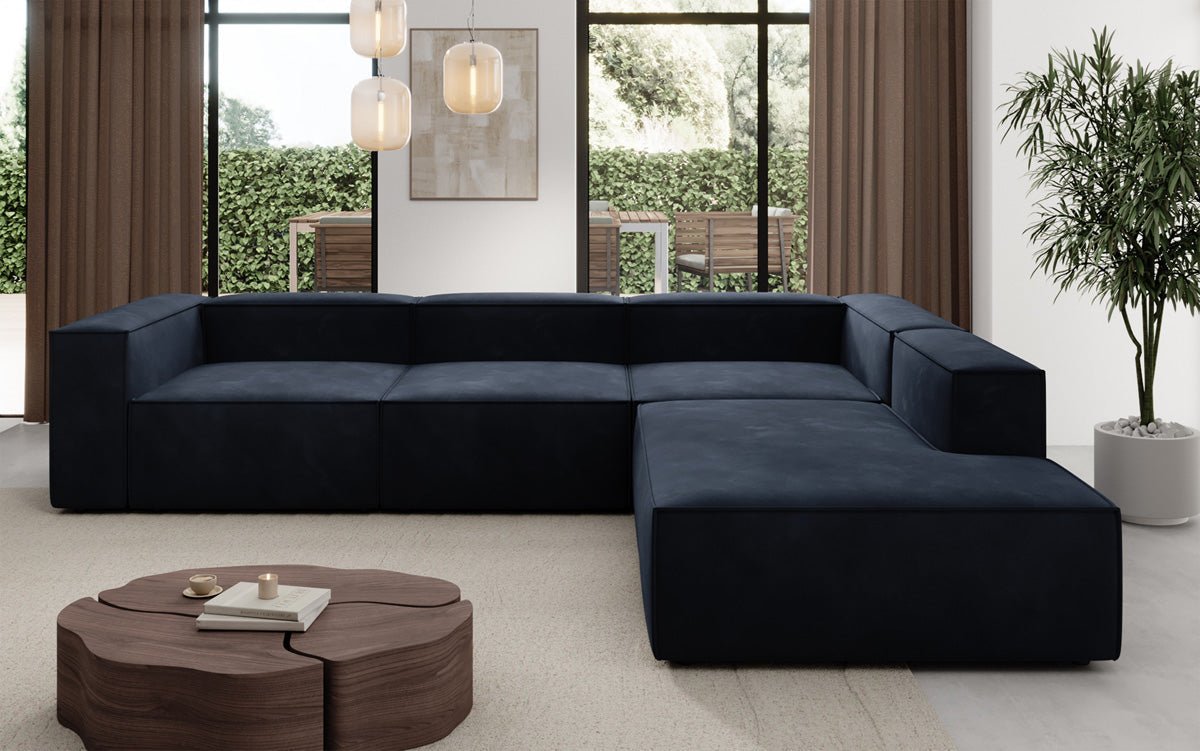 Luxuriöses L-Form Samt-Sofa Lesley mit langer Ottomane, modernes Design