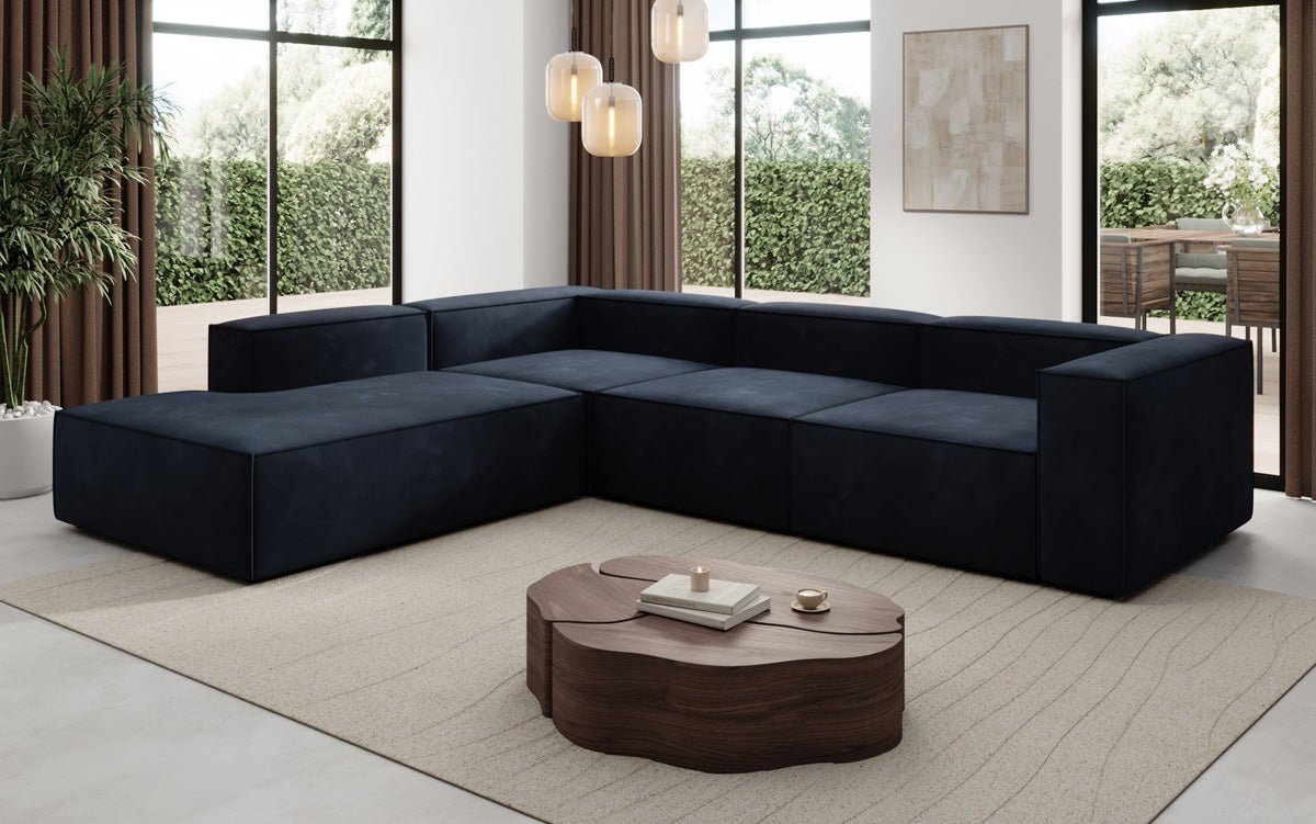Luxuriöses L-Form Samt-Sofa Lesley mit langer Ottomane, modernes Design