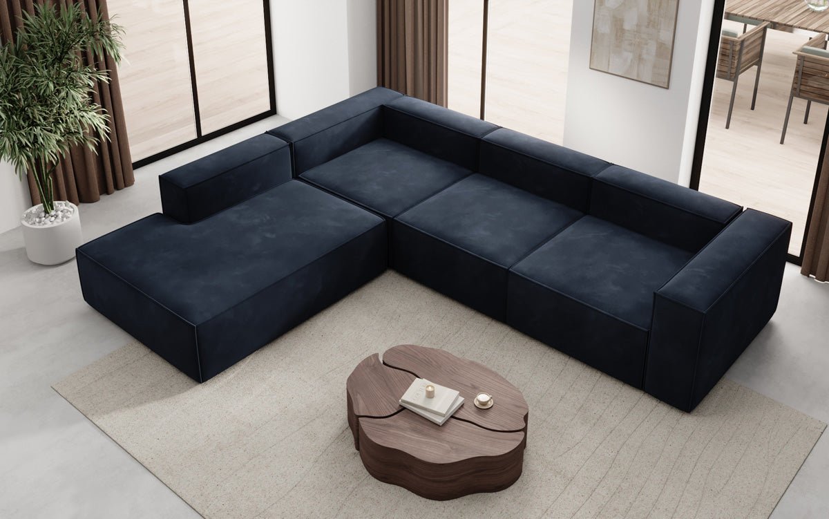 Luxuriöses L-Form Samt-Sofa Lesley mit langer Ottomane, modernes Design