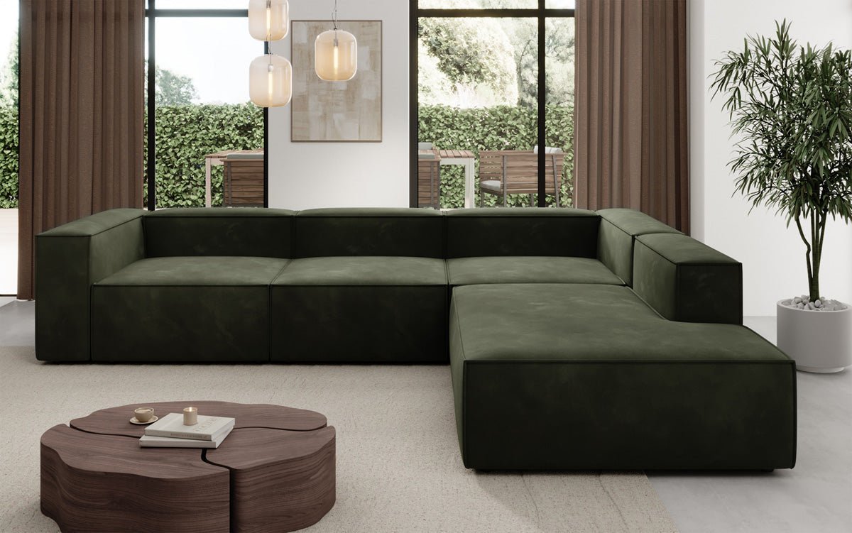 Luxuriöses L-Form Samt-Sofa Lesley mit langer Ottomane, modernes Design