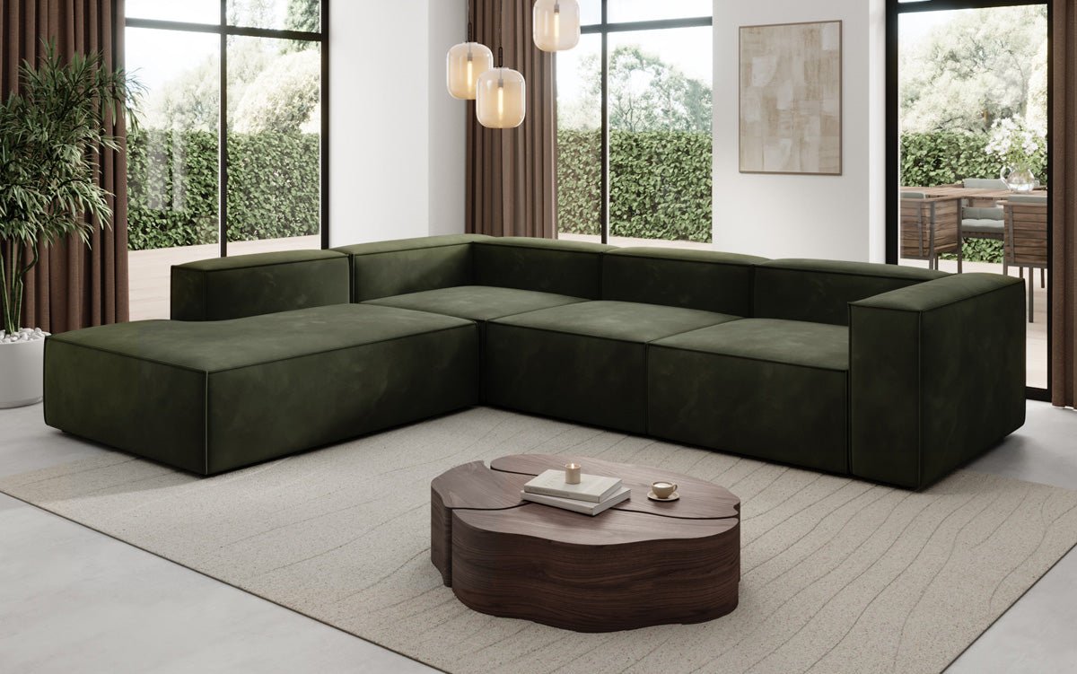 Luxuriöses L-Form Samt-Sofa Lesley mit langer Ottomane, modernes Design
