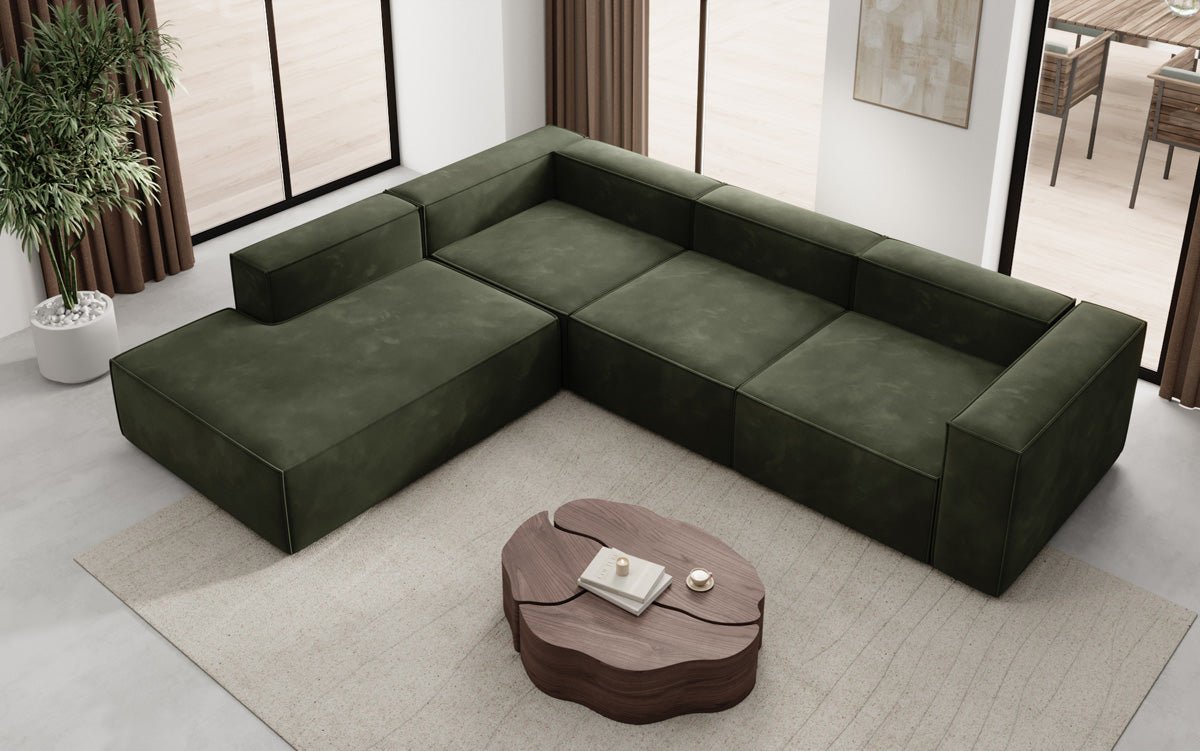 Luxuriöses L-Form Samt-Sofa Lesley mit langer Ottomane, modernes Design