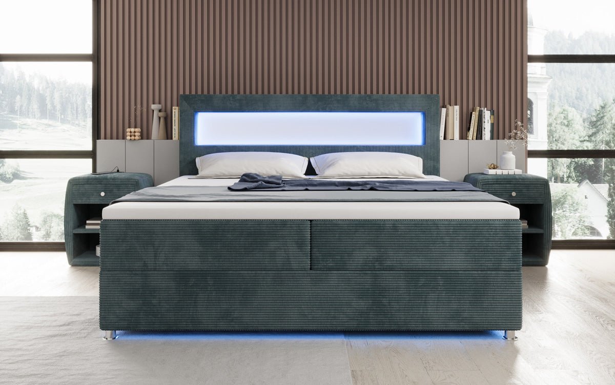 Luxuriöses Boxspringbett Relax: Komfort, LED-Beleuchtung, Stauraum & USB-Anschluss im Cord-Design